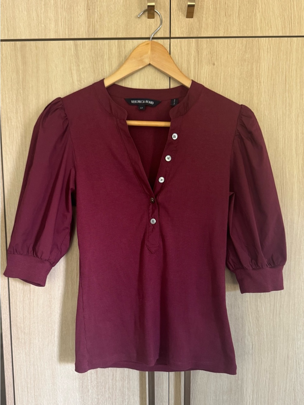 Veronica Beard Burgundy Puff-Sleeve Button Front Top